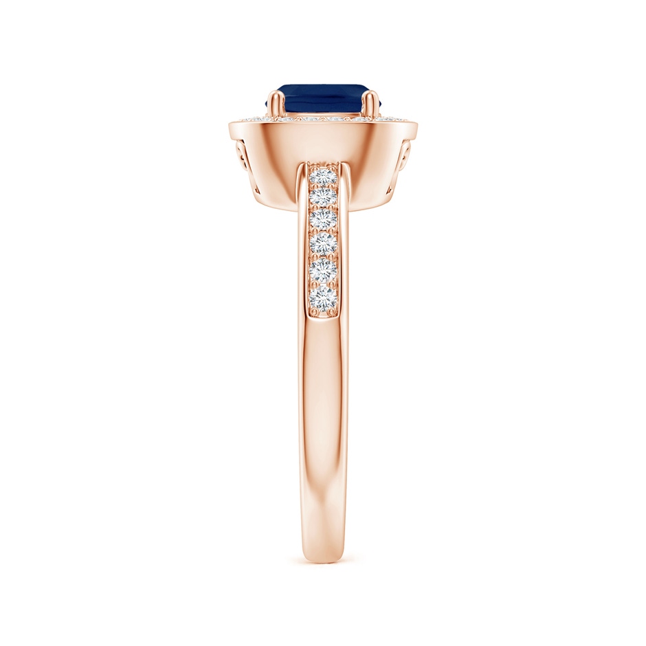 6mm A Cushion Blue Sapphire Engagement Ring with Diamond Accents in 9K Rose Gold body-hand