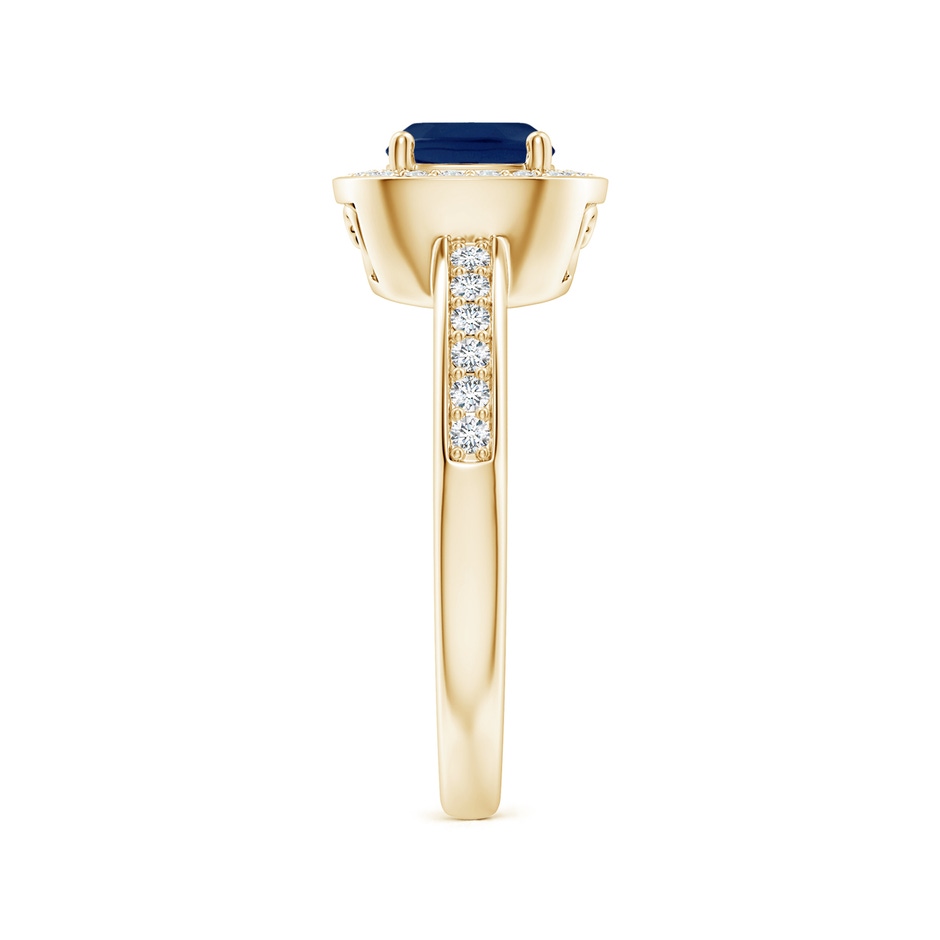 6mm A Cushion Blue Sapphire Engagement Ring with Diamond Accents in Yellow Gold body-hand