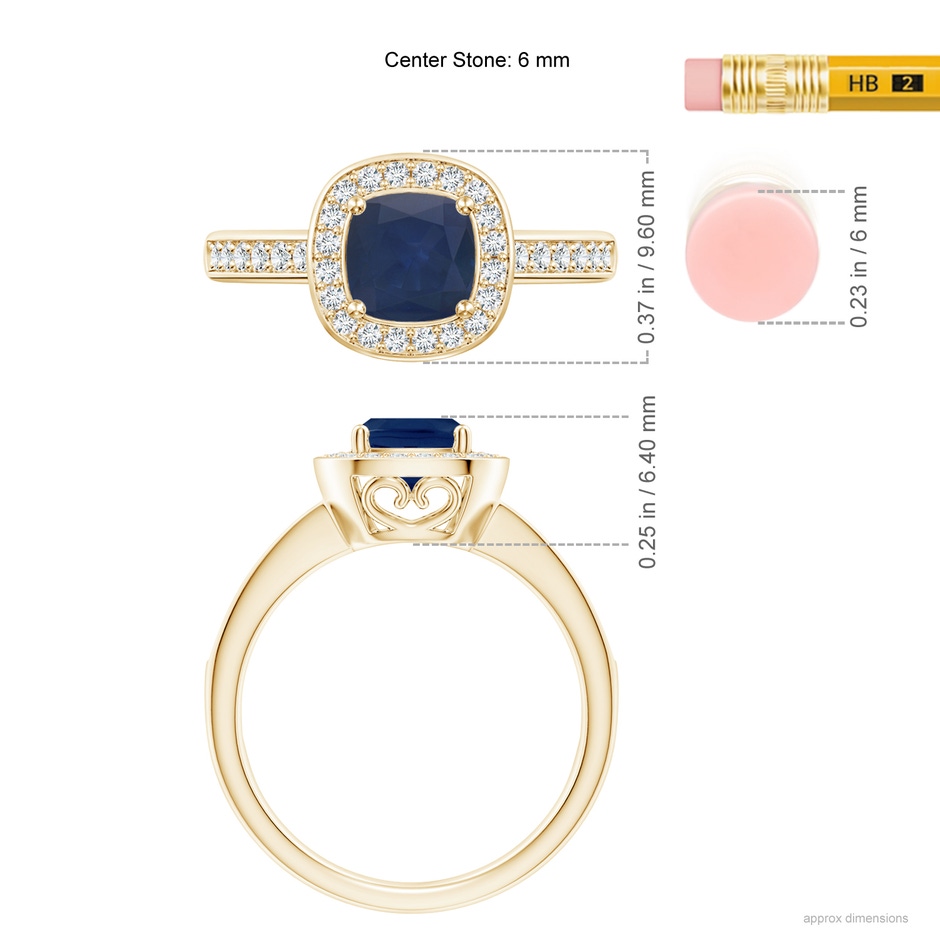 6mm A Cushion Blue Sapphire Engagement Ring with Diamond Accents in Yellow Gold ruler