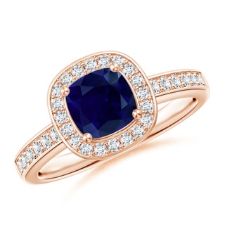 6mm AA Cushion Blue Sapphire Engagement Ring with Diamond Accents in 10K Rose Gold