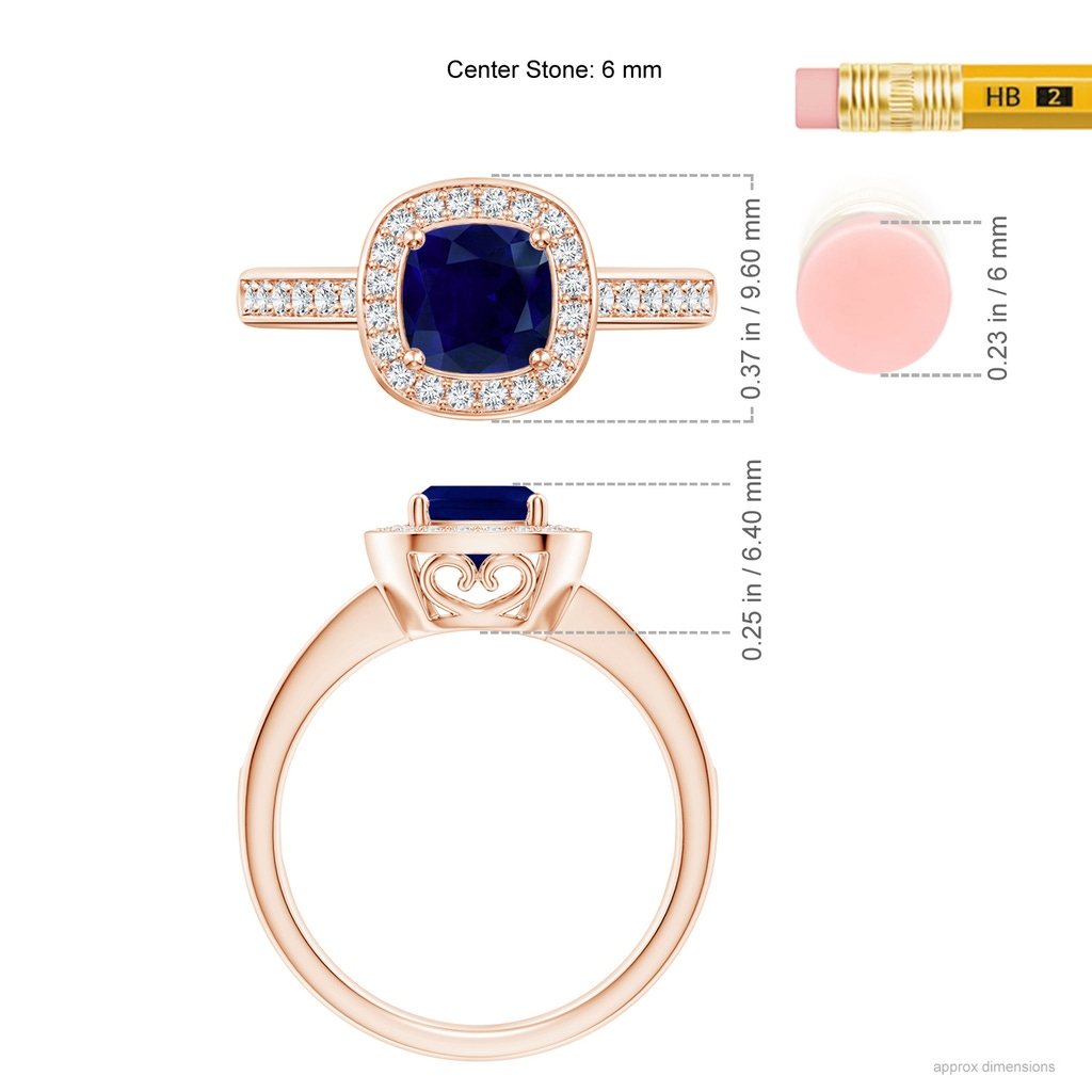 6mm AA Cushion Blue Sapphire Engagement Ring with Diamond Accents in 10K Rose Gold Ruler