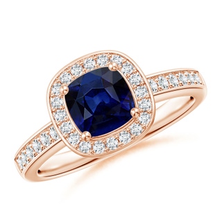 6mm AAA Cushion Blue Sapphire Engagement Ring with Diamond Accents in Rose Gold