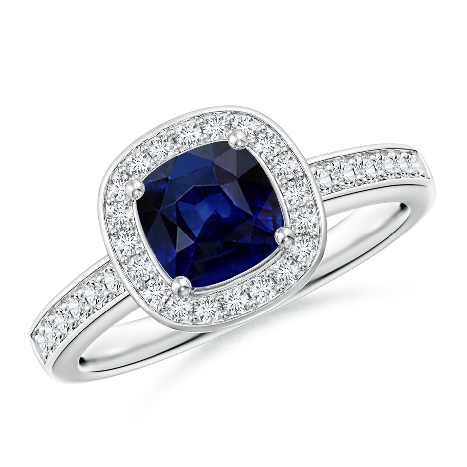 6mm AAA Cushion Blue Sapphire Engagement Ring with Diamond Accents in White Gold 
