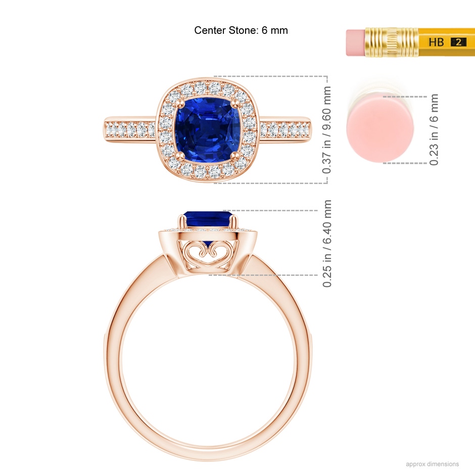 6mm AAAA Cushion Blue Sapphire Engagement Ring with Diamond Accents in Rose Gold ruler