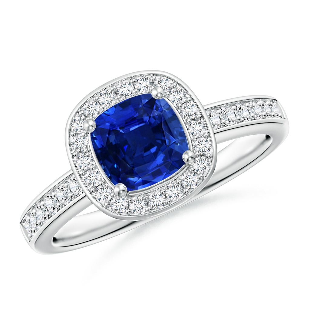 6mm AAAA Cushion Blue Sapphire Engagement Ring with Diamond Accents in White Gold