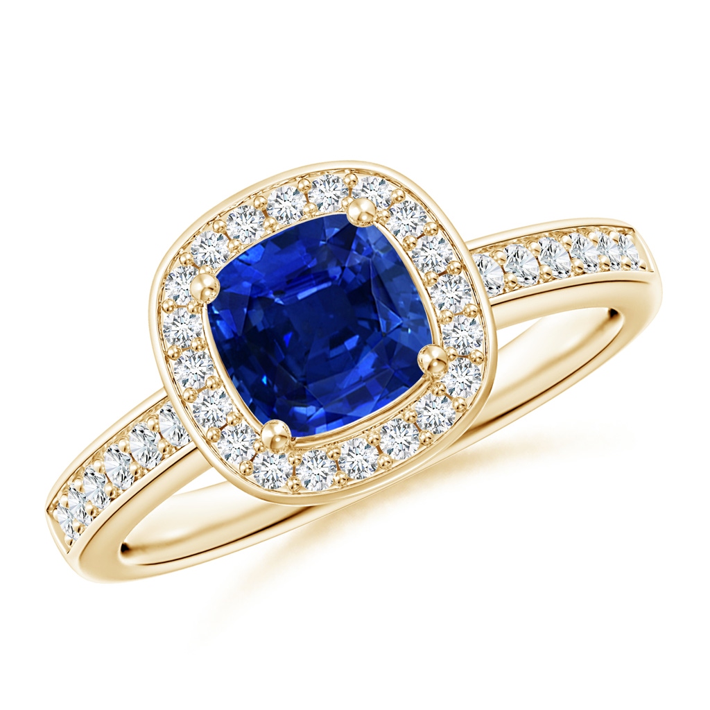 6mm AAAA Cushion Blue Sapphire Engagement Ring with Diamond Accents in Yellow Gold