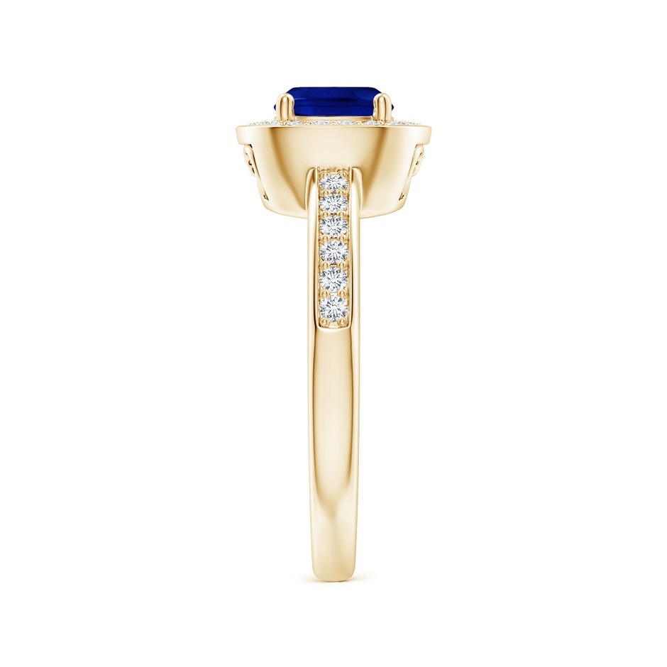 6mm AAAA Cushion Blue Sapphire Engagement Ring with Diamond Accents in Yellow Gold body-hand