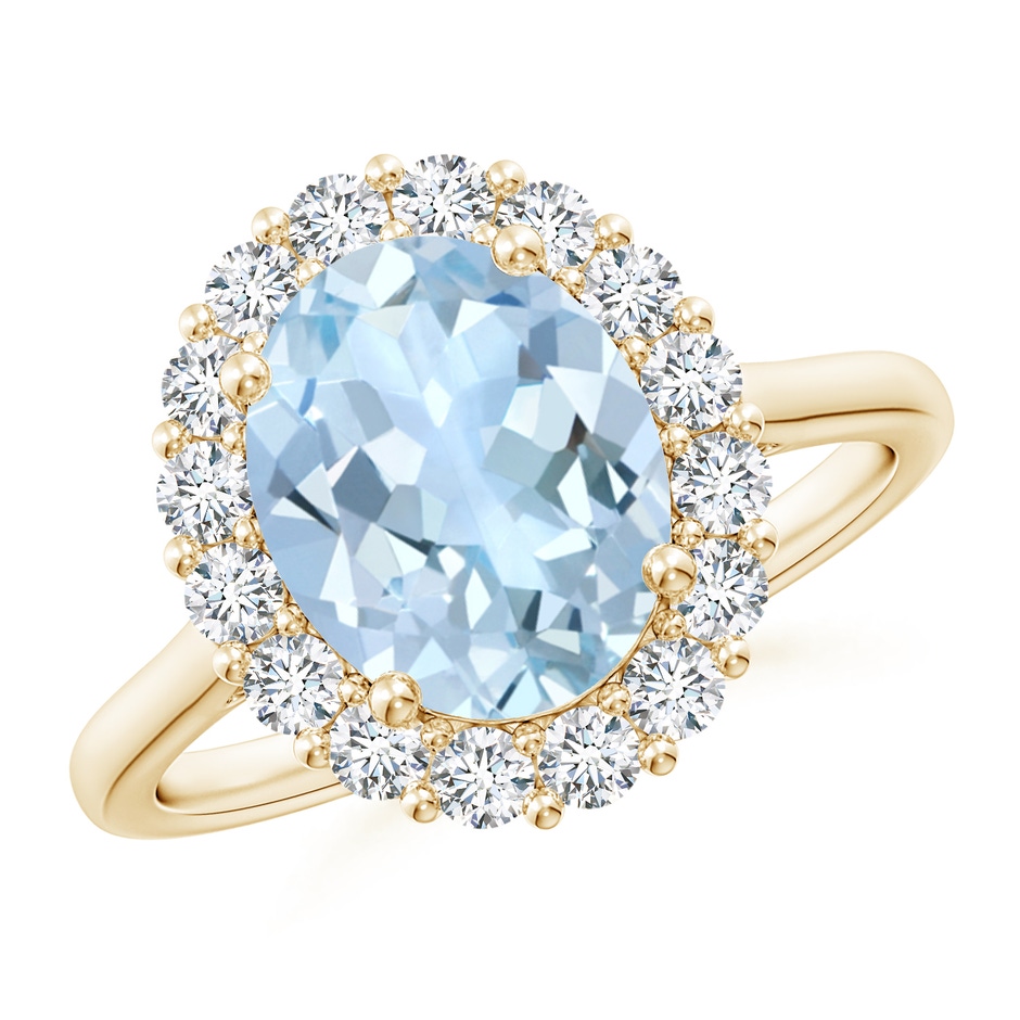 10x8mm AA Oval Aquamarine Ring with Floral Diamond Halo in Yellow Gold 