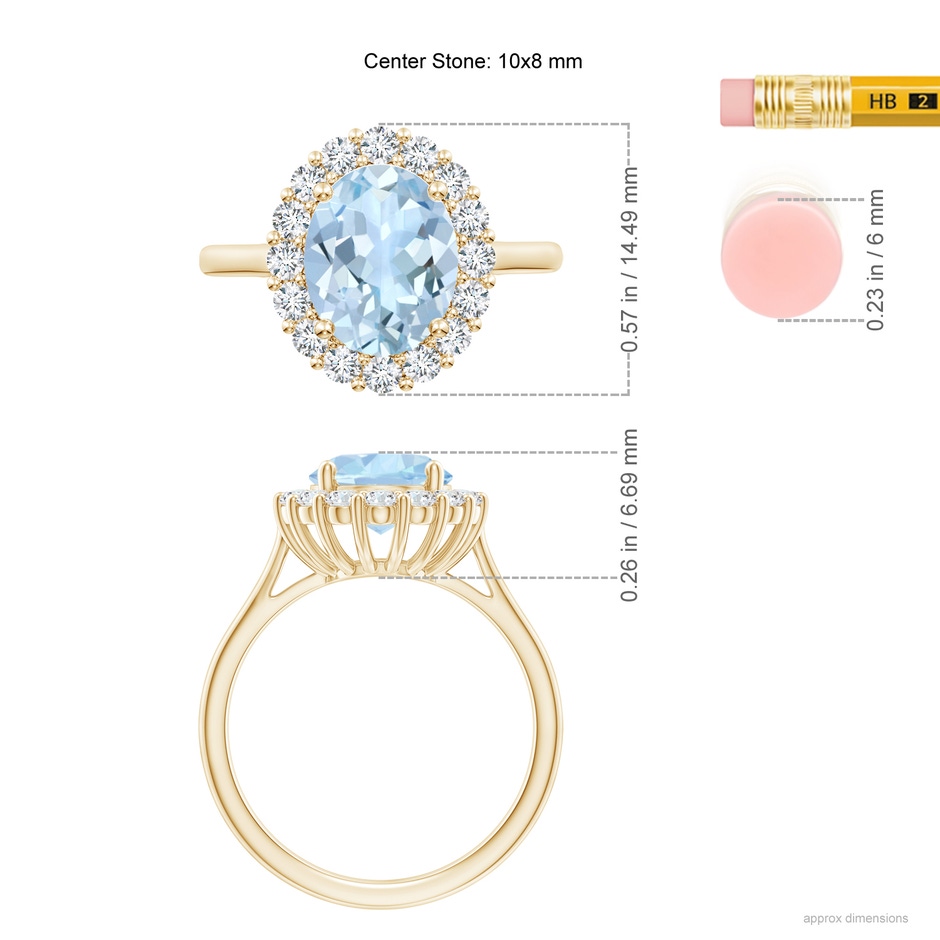 10x8mm AA Oval Aquamarine Ring with Floral Diamond Halo in Yellow Gold ruler