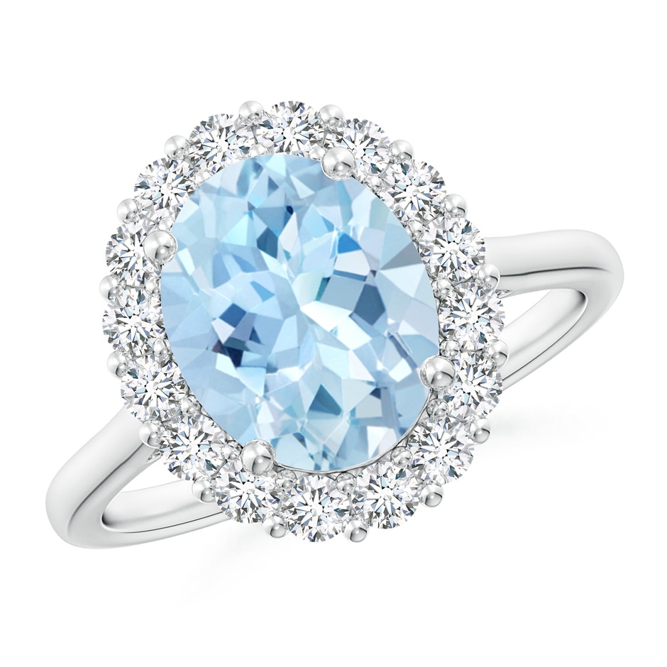 10x8mm AAA Oval Aquamarine Ring with Floral Diamond Halo in White Gold 