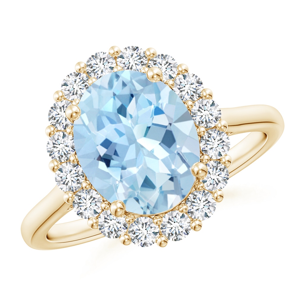 10x8mm AAA Oval Aquamarine Ring with Floral Diamond Halo in Yellow Gold