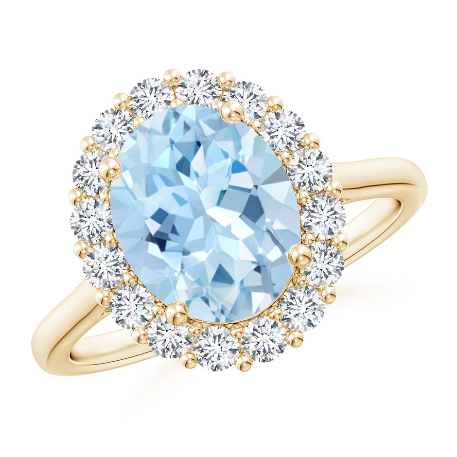 10x8mm AAA Oval Aquamarine Ring with Floral Diamond Halo in Yellow Gold 