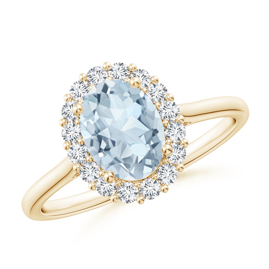 8x6mm A Oval Aquamarine Ring with Floral Diamond Halo in Yellow Gold 