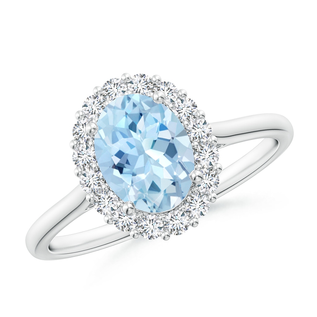 8x6mm AAA Oval Aquamarine Ring with Floral Diamond Halo in White Gold