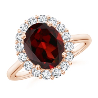 10x8mm AAA Oval Garnet Ring with Floral Diamond Halo in Rose Gold