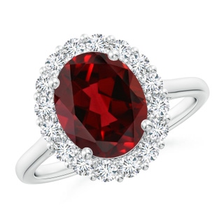 10x8mm AAAA Oval Garnet Ring with Floral Diamond Halo in White Gold