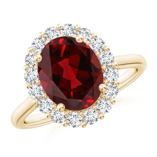 10x8mm AAAA Oval Garnet Ring with Floral Diamond Halo in Yellow Gold