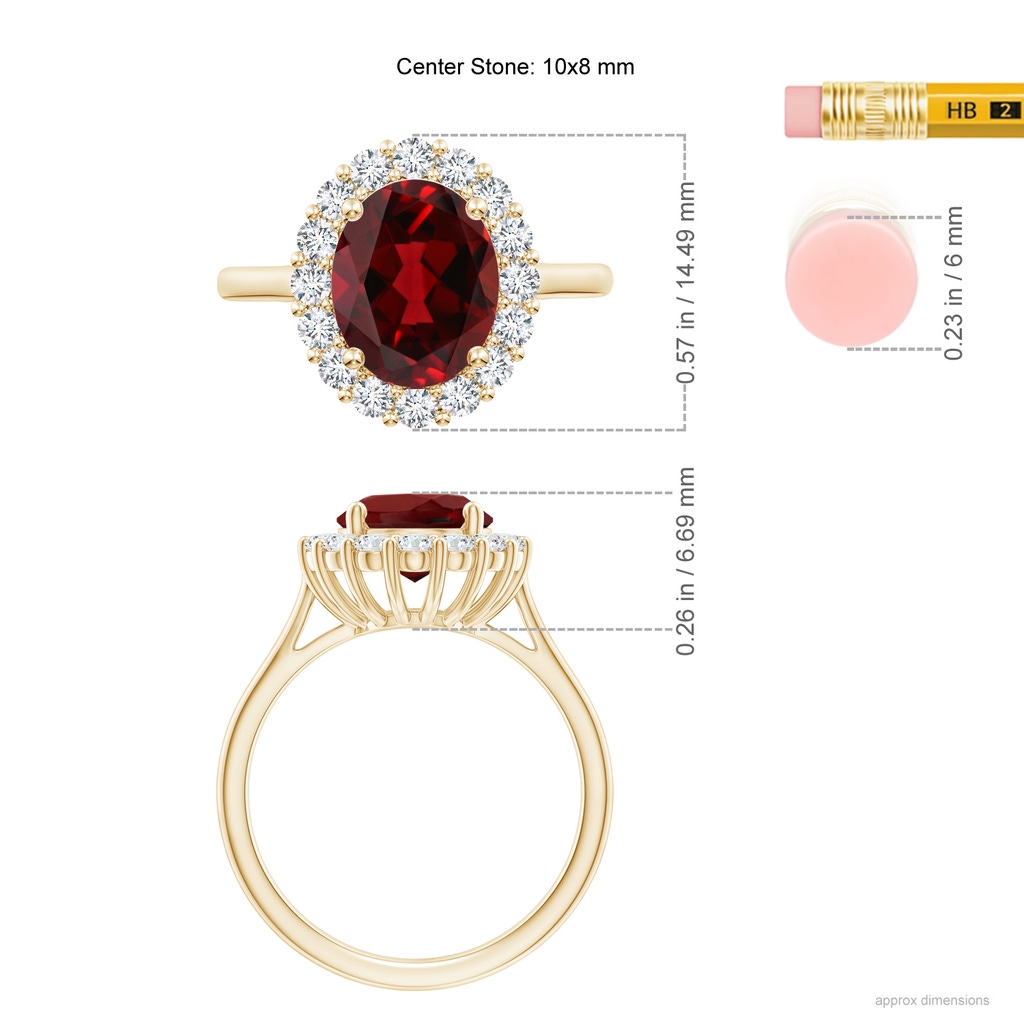 10x8mm AAAA Oval Garnet Ring with Floral Diamond Halo in Yellow Gold Ruler