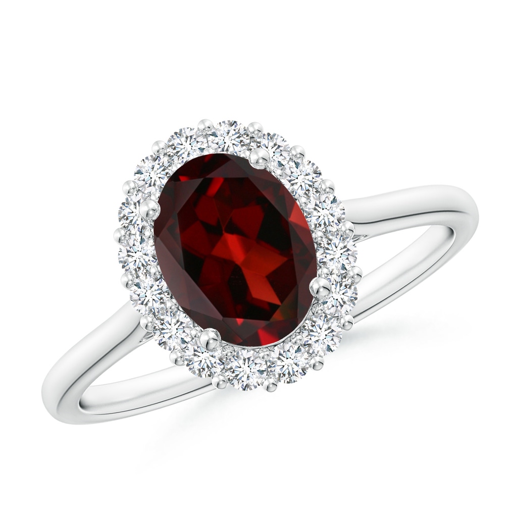 8x6mm AAA Oval Garnet Ring with Floral Diamond Halo in White Gold