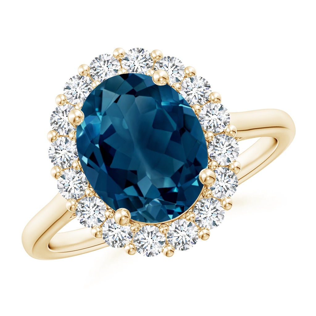 10x8mm AAAA Oval London Blue Topaz Ring with Floral Diamond Halo in Yellow Gold