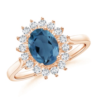 8x6mm A Oval London Blue Topaz Ring with Floral Diamond Halo in 10K Rose Gold