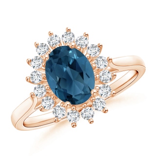 8x6mm AA Oval London Blue Topaz Ring with Floral Diamond Halo in 10K Rose Gold