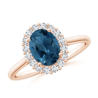 8x6mm AA Oval London Blue Topaz Ring with Floral Diamond Halo in Rose Gold