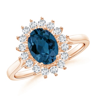 8x6mm AAA Oval London Blue Topaz Ring with Floral Diamond Halo in 10K Rose Gold