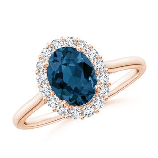 8x6mm AAA Oval London Blue Topaz Ring with Floral Diamond Halo in Rose Gold