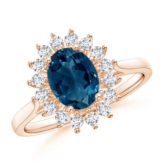 8x6mm AAAA Oval London Blue Topaz Ring with Floral Diamond Halo in 10K Rose Gold