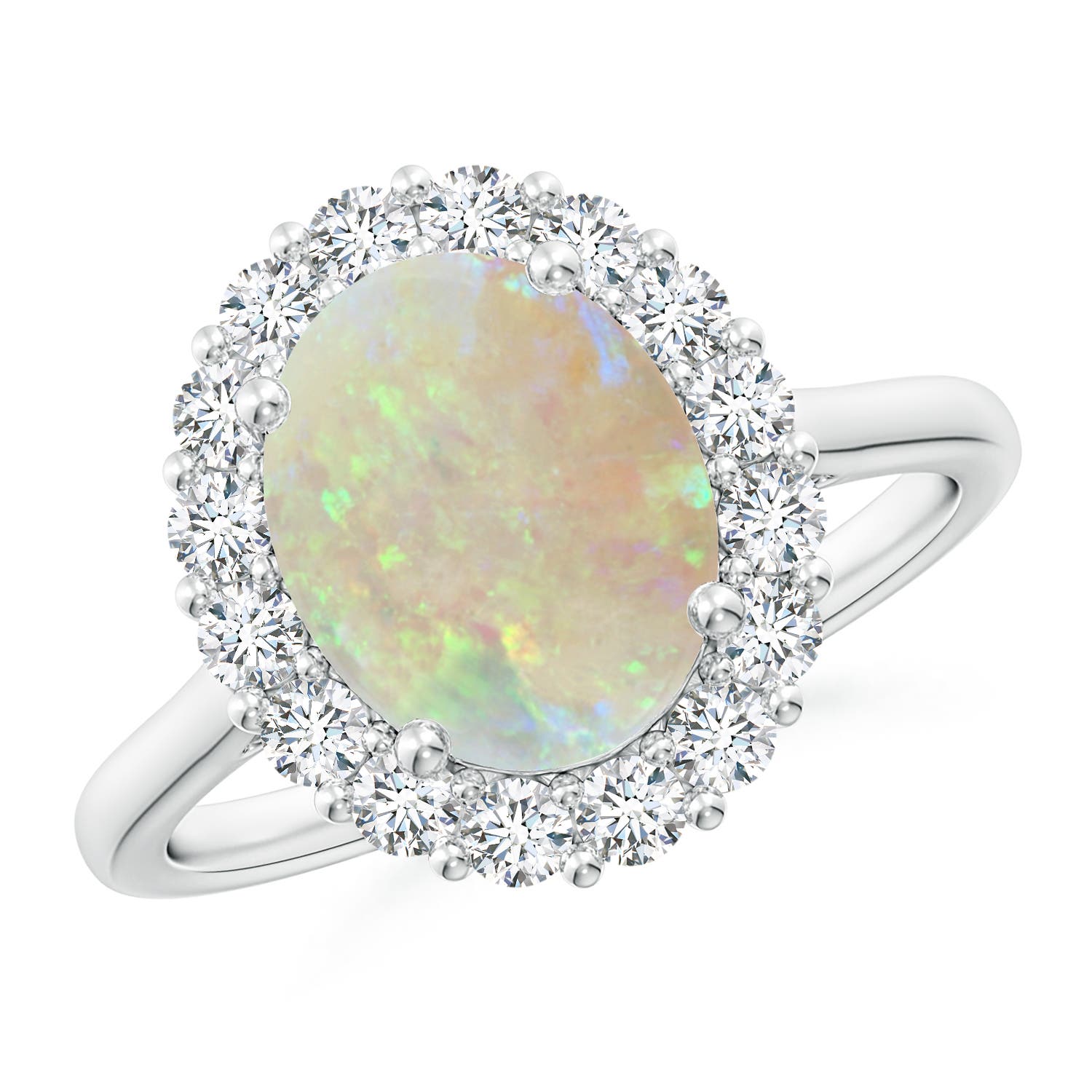 10x8mm AAA Oval Opal Ring with Floral Diamond Halo in 18K White Gold