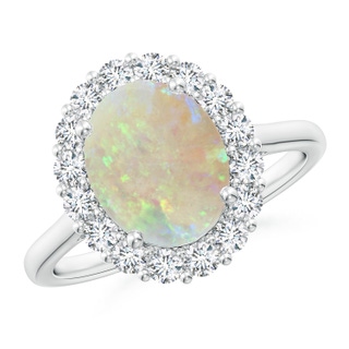 10x8mm AAA Oval Opal Ring with Floral Diamond Halo in 9K White Gold