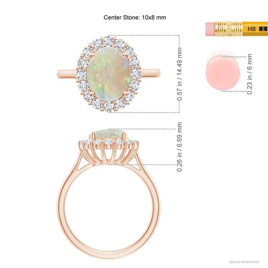 10x8mm AAA Oval Opal Ring with Floral Diamond Halo in Rose Gold ruler