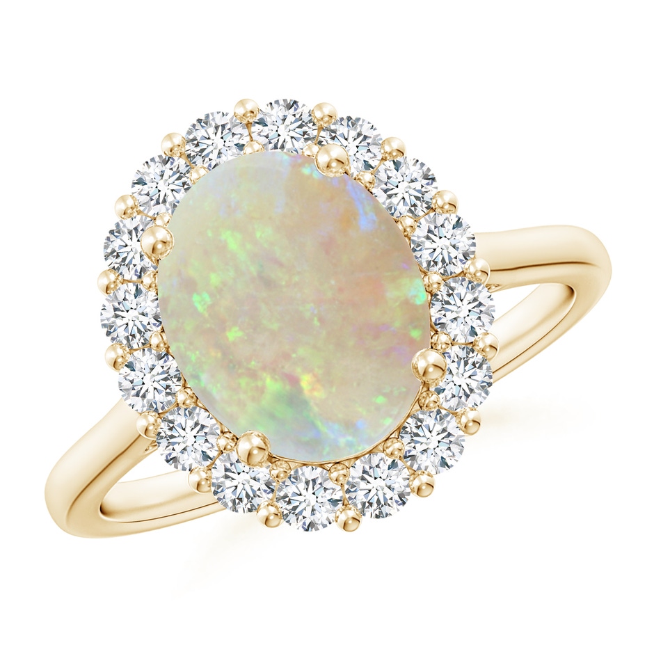 10x8mm AAA Oval Opal Ring with Floral Diamond Halo in Yellow Gold 