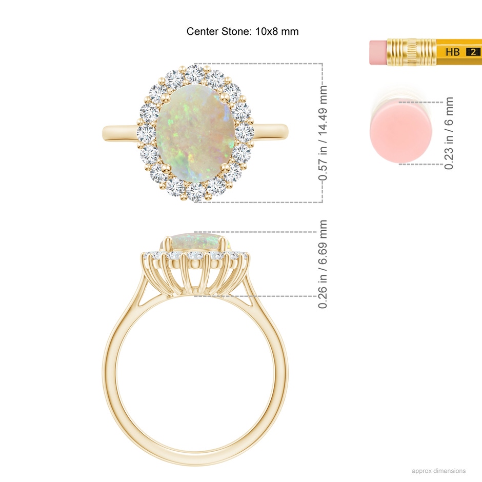 10x8mm AAA Oval Opal Ring with Floral Diamond Halo in Yellow Gold ruler