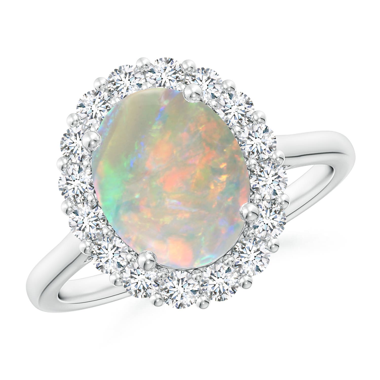 10x8mm AAAA Oval Opal Ring with Floral Diamond Halo in 18K White Gold