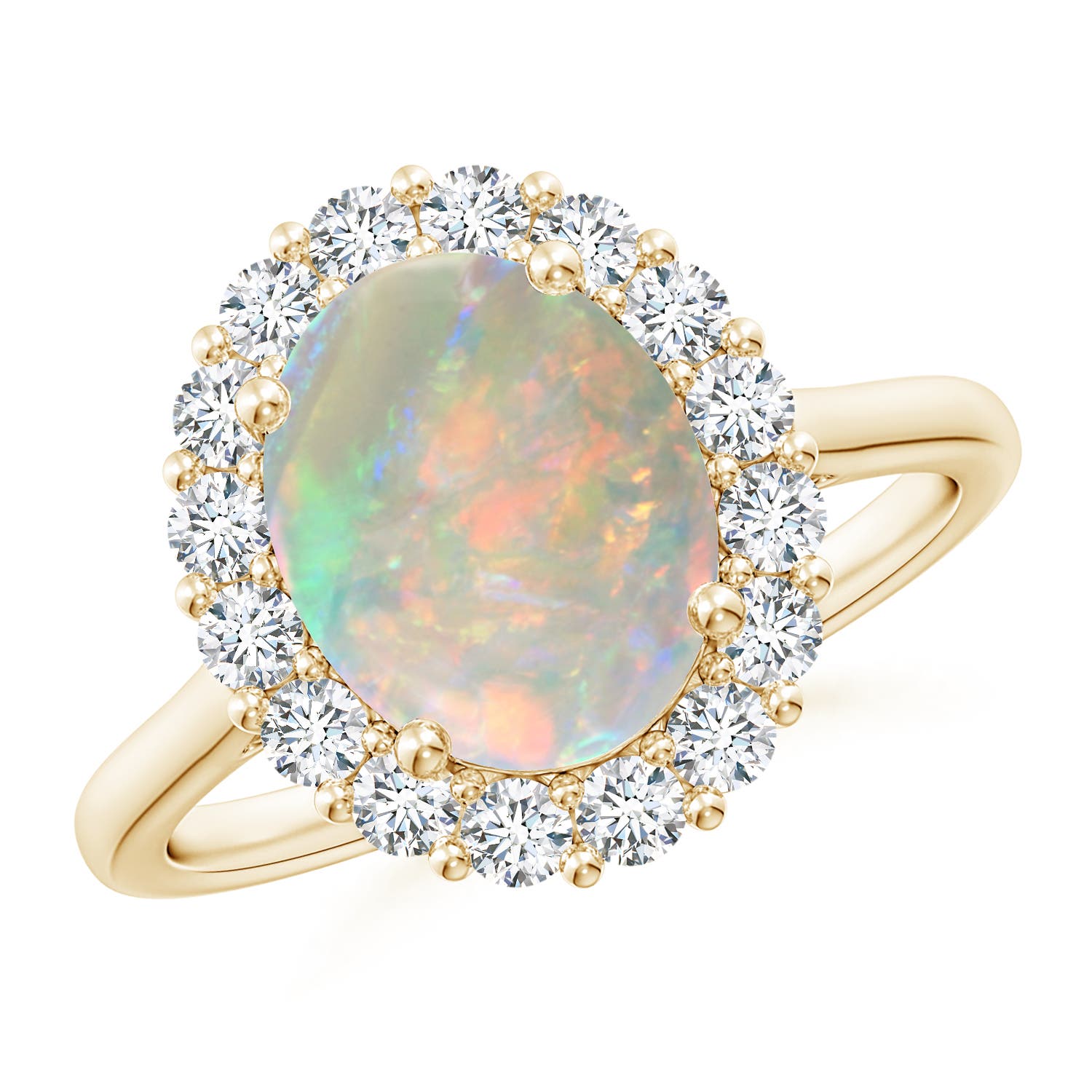 10x8mm AAAA Oval Opal Ring with Floral Diamond Halo in 18K Yellow Gold