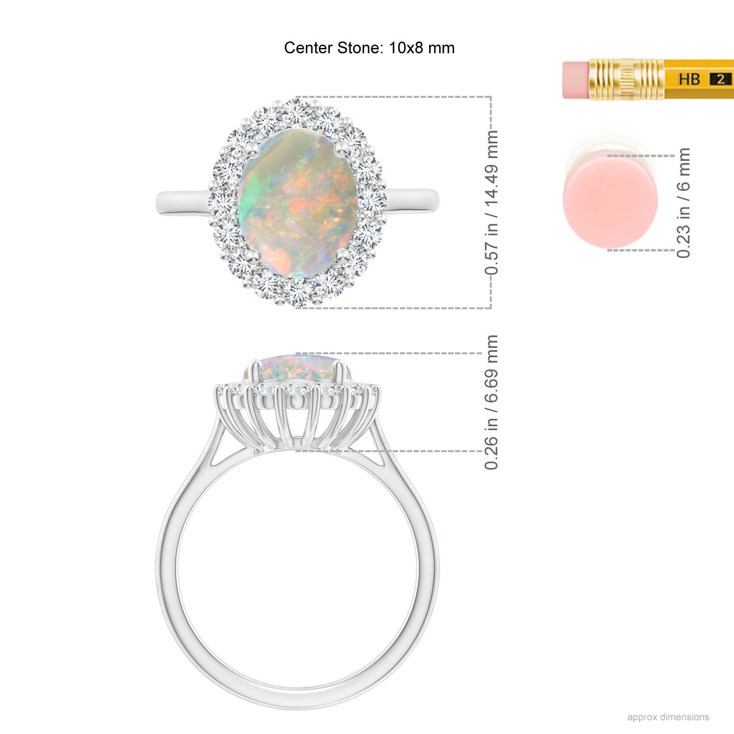 10x8mm AAAA Oval Opal Ring with Floral Diamond Halo in White Gold - ruler