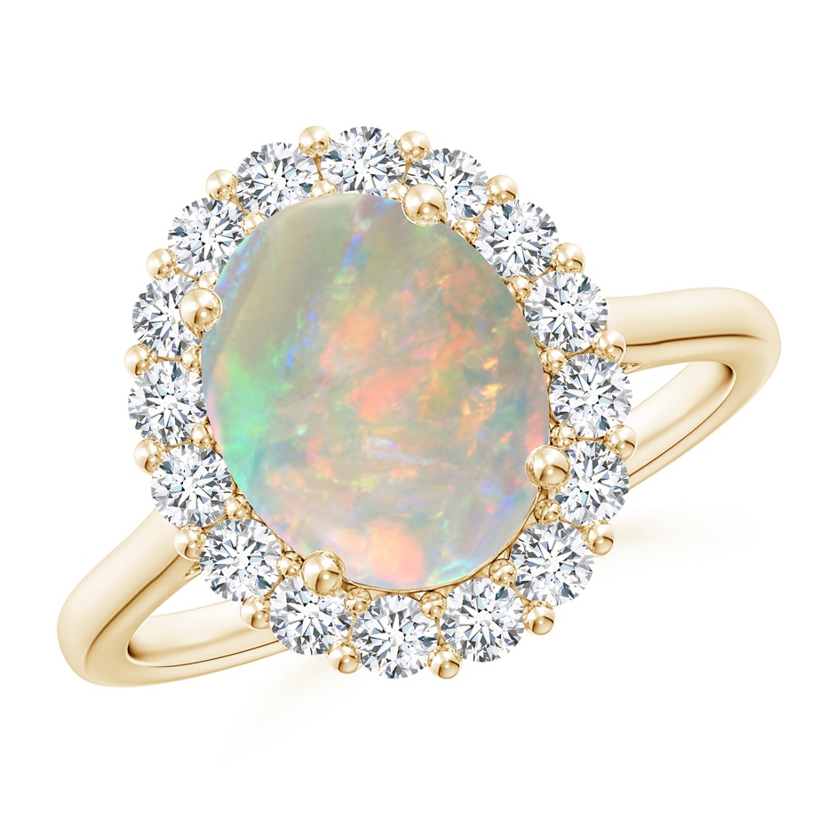 10x8mm AAAA Oval Opal Ring with Floral Diamond Halo in Yellow Gold 