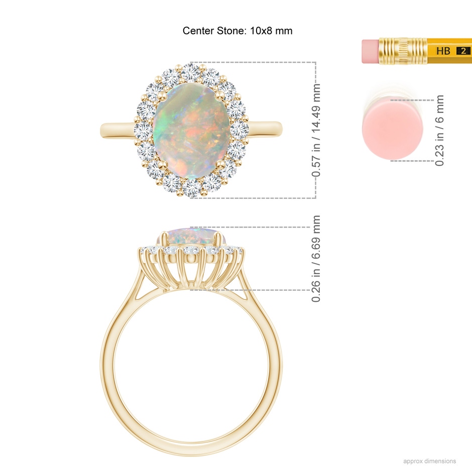 10x8mm AAAA Oval Opal Ring with Floral Diamond Halo in Yellow Gold ruler