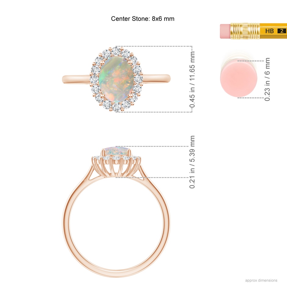 8x6mm AAAA Oval Opal Ring with Floral Diamond Halo in Rose Gold ruler