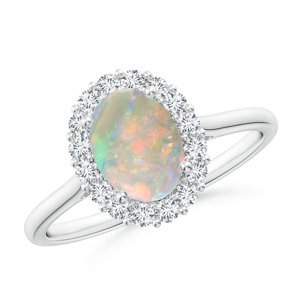 8x6mm AAAA Oval Opal Ring with Floral Diamond Halo in White Gold