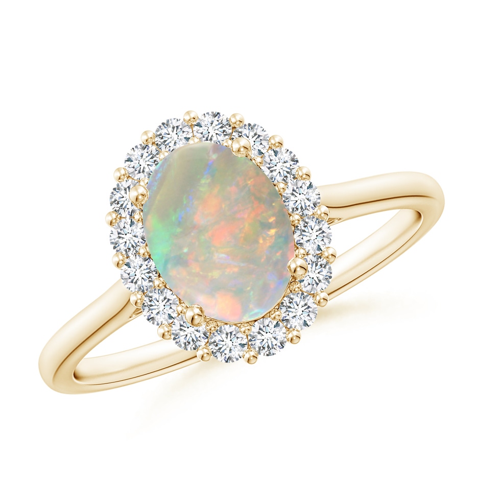 8x6mm AAAA Oval Opal Ring with Floral Diamond Halo in Yellow Gold 