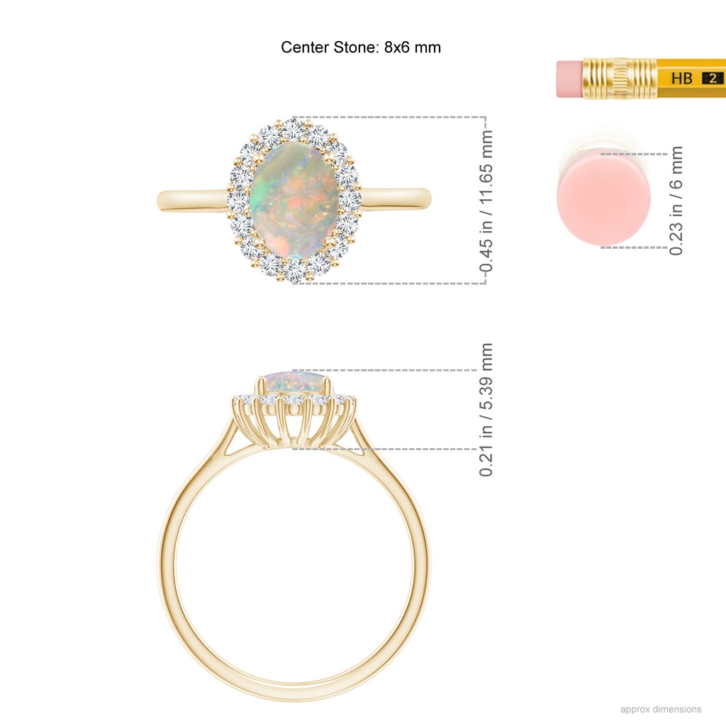 8x6mm AAAA Oval Opal Ring with Floral Diamond Halo in Yellow Gold Ruler