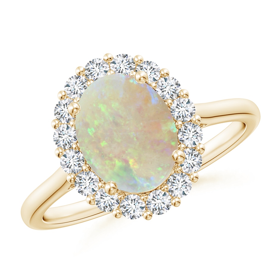 9x7mm AAA Oval Opal Ring with Floral Diamond Halo in Yellow Gold 