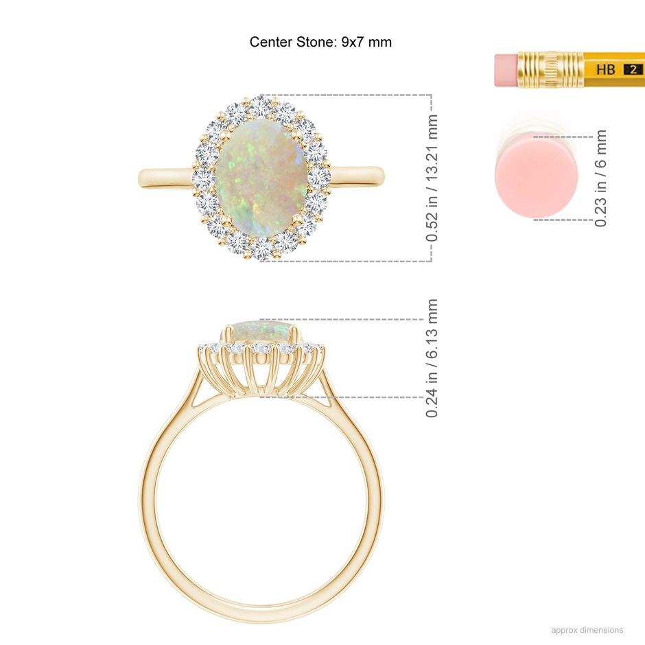 9x7mm AAA Oval Opal Ring with Floral Diamond Halo in Yellow Gold ruler