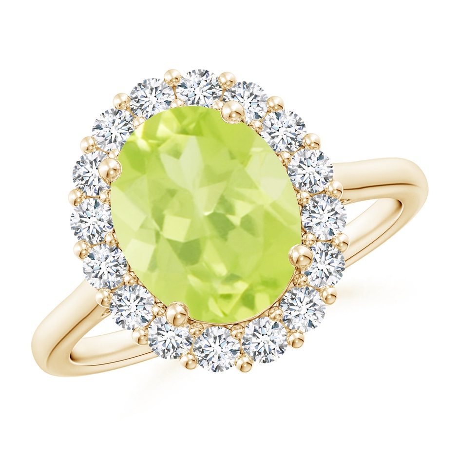 10x8mm A Oval Peridot Ring with Floral Diamond Halo in Yellow Gold 