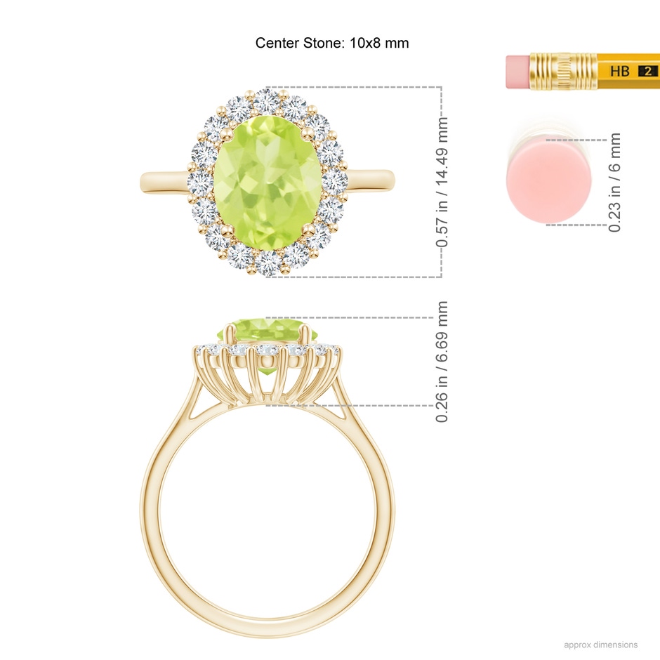 10x8mm A Oval Peridot Ring with Floral Diamond Halo in Yellow Gold ruler