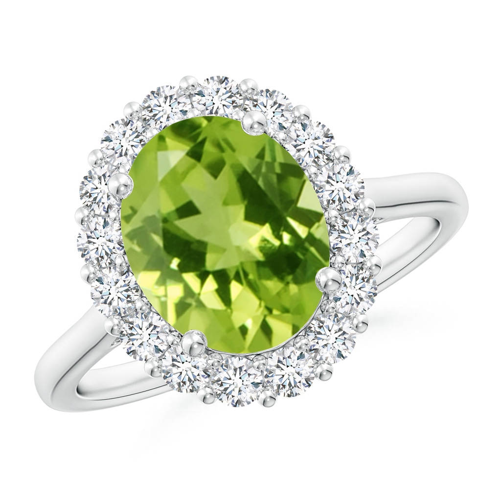 10x8mm AAA Oval Peridot Ring with Floral Diamond Halo in White Gold 