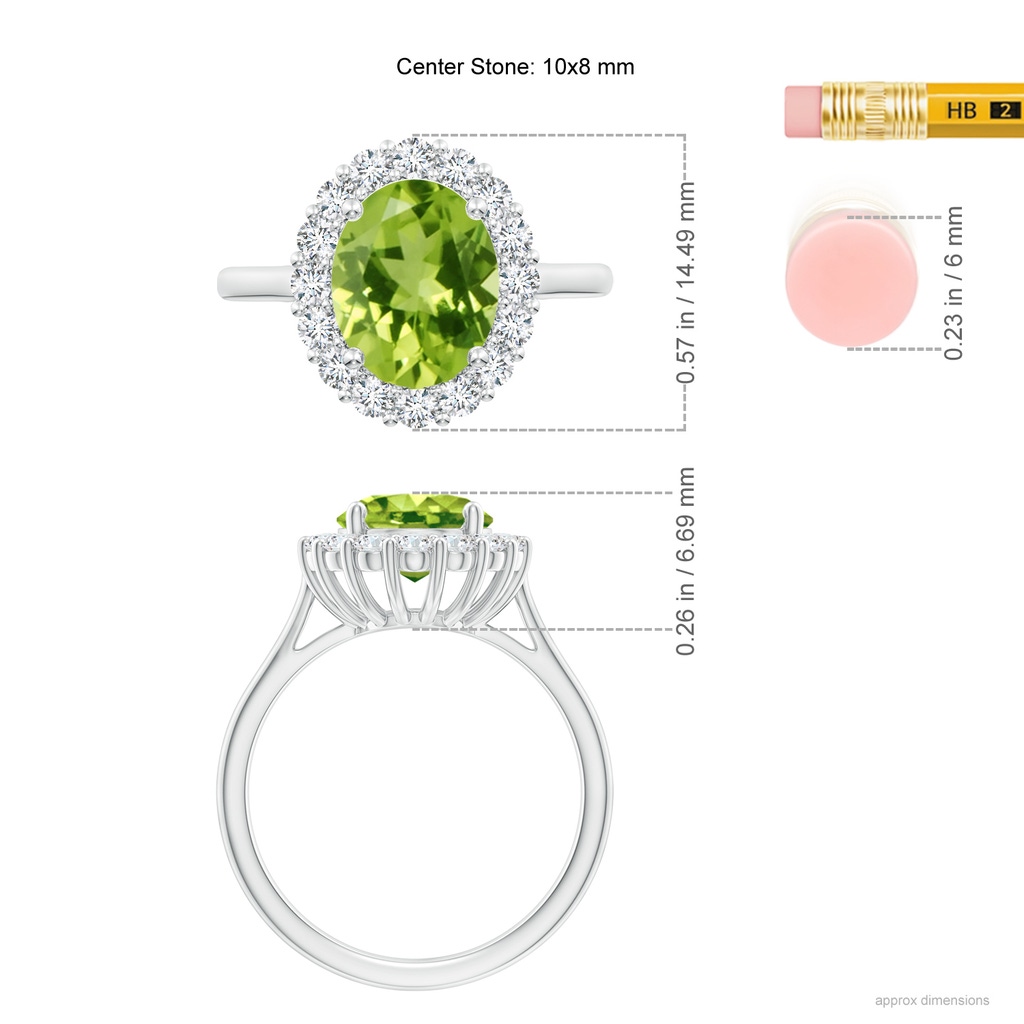10x8mm AAA Oval Peridot Ring with Floral Diamond Halo in White Gold ruler